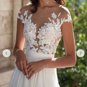 Romantic Cap Sleeves Lace Bodice Split Side Chiffon Wedding Dress Brand New